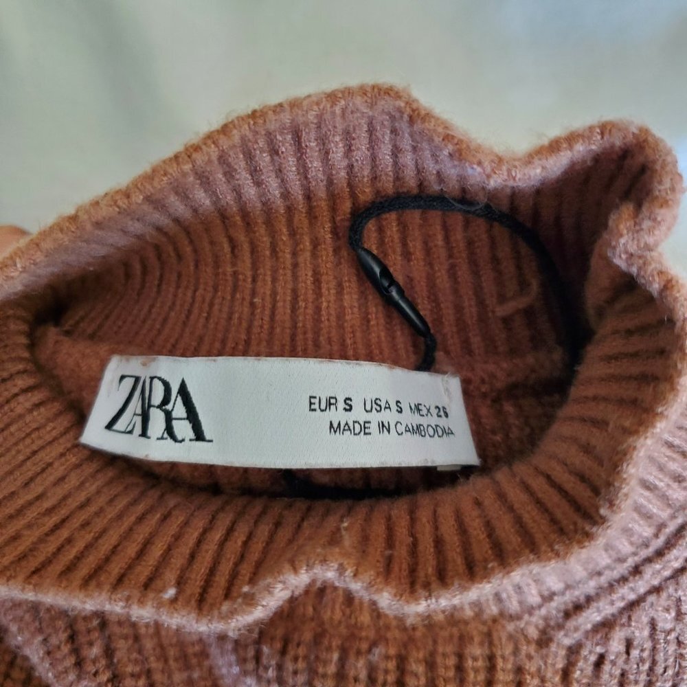 ZARA | Turtleneck Tapered Sleeve Ribbed Bodice Warm Brown Sweater (Size S) - Picture 6 of 8